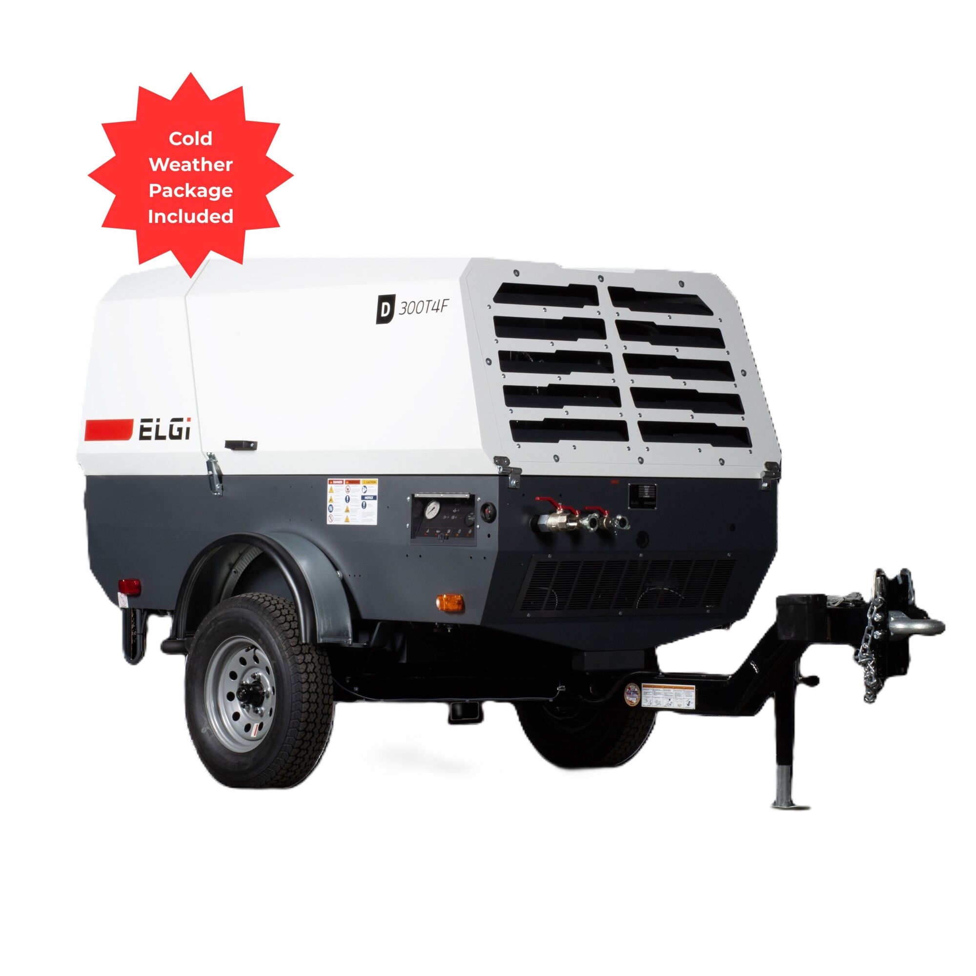 ELGI Trailer Mount Portable Screw Air Compresor, 290 cfm@ 100 PSI  with Cold Weather Package,Model # D300T4F-PCWP